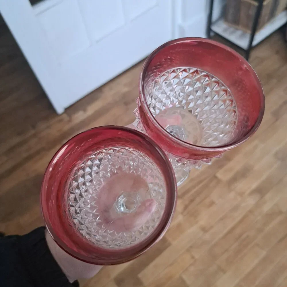 Vintage Set Of 2 Diamond Point Ruby Pink Water Wine Crystal Goblet Indiana Glass